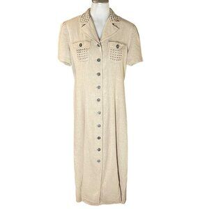 John Roberts Beige Button-Down Midi Dress Size 10 Linen/Rayon Blend Woven Trim S